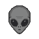 This pixel art image features the iconic head of a Grey alien, rendered in shades of grey with large, black eyes and a subtly bewildered expression. The simple design and stark black background create an eerie and isolating effect.