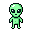 A retro-styled pixel art image presents a classic grey alien with bright green skin, standing stoically against a stark black backdrop. The high-contrast color scheme and simple design evoke the nostalgia of early video games.