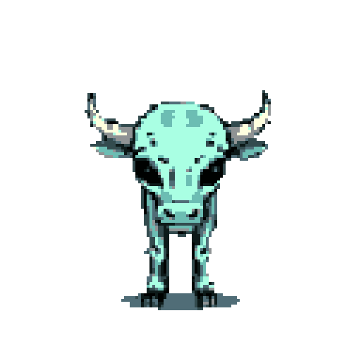 A stoic, teal-colored pixel art bull stares intently forward, its ivory horns contrasting against its cool-toned body. The stylized animal commands attention with its unwavering gaze and grounded stance.