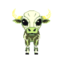A cute, pixelated bull with bright yellow horns and endearing black eyes stands front and center. The pale yellow and green-yellow design creates a whimsical, cartoonish feel.