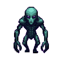 This pixel art depicts a classic "Grey" alien with striking purple eyes, standing against a light pink background. Its slightly hunched posture and surprised expression create an unsettling and mysterious vibe.