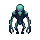 This pixel art showcases a skeletal, reptilian alien with glowing purple eyes, its emaciated form conveying a sense of eerie vulnerability. The creature's unusual design and intense gaze create a captivating and unsettling portrait.