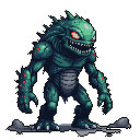 A menacing, reptilian monster with glowing red eyes and sharp teeth dominates this pixel art, its imposing figure ready for action. The creature's detailed, scaly skin and fiery pustules create an ominous and intense vibe.