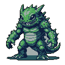 This pixel art showcases a fierce, green reptilian monster in a powerful stance, baring its teeth with a predatory grin. The creature's spiky texture and armored plates evoke a sense of danger and strength against a dark background.