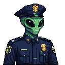 This pixel art portrait features a classic Grey alien in a human police uniform, creating a humorous and peculiar juxtaposition. The alien's neutral expression and formal stance add to the image's intriguing charm.