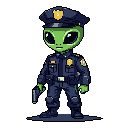 A pixelated alien police officer stands ready for duty, sporting a dark blue uniform and silver pistol. The vibrant green extraterrestrial skin contrasts sharply with the authoritative attire, creating a quirky yet commanding presence.