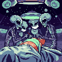 This pixel art scene depicts a classic alien abduction, with four gray aliens in black suits performing a medical procedure on a human patient in their operating room with a starry sky visible outside. The retro style adds an unsettling touch to this extraterrestrial encounter.