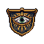 This pixel art depicts a heraldic shield emblazoned with a striking eye, its mystical gaze emphasized by golden rays. The emblem's muted tones and intricate details evoke a sense of ancient power and watchful mystery.