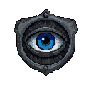 A striking pixel art emblem features a vibrant blue eye encased in a dark, weathered metallic shield, evoking a sense of ancient vigilance. The unblinking gaze and protective armor suggest hidden power and enduring watchfulness.