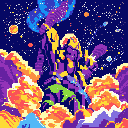 A colossal, abstract mountain-castle bursts from a vibrant cloudscape in this otherworldly pixel art. Jagged sections of yellow, purple, green, and blue create a surreal and imposing structure against a starry night sky. The high-contrast colors and dreamlike vibe evoke wonder and mystery.