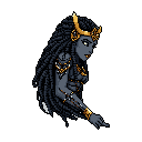 This pixel art depicts a powerful queen or deity in profile, her hand extended in a gesture of command. Adorned in gold and amber against muted grays, she exudes serene authority and ancient elegance.