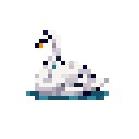 A serene pixel art image captures a graceful white swan swimming peacefully on a small patch of water, its elegant form highlighted against a stark black background. The minimalist design evokes a sense of calm and tranquility.