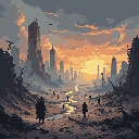 Silhouetted survivors navigate a desolate, post-apocalyptic cityscape at dawn or dusk, their figures small against the backdrop of crumbling buildings and a dramatically lit sky. Their purposeful strides suggest a journey through a forgotten world, hinting at either hope or finality.