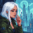 A young woman with striking white hair and blue eyes contemplates a futuristic cityscape at night, a lit cigarette held in her hand. Her melancholic gaze and the detailed pixel art create a sense of quiet solitude and urban introspection.