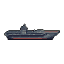 This pixel art showcases a formidable grey aircraft carrier in stark detail, rendered against a black backdrop. Three distinct red stripes accent the hull of the massive warship, emphasizing its industrial and powerful presence.