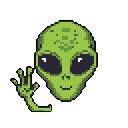 This pixel art features a friendly, light green alien with large, dark purple-gray eyes, waving a welcoming hello. The simple design and vibrant colors create an approachable and whimsical extraterrestrial encounter.