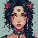 A captivating pixel art portrait features a woman with striking blue eyes and red lips, adorned with roses, intricate facial markings, and ornate jewelry. Her elegant and somewhat mystical appearance is emphasized against a simple light blue-grey background.