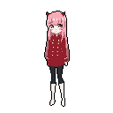This pixel art character showcases a cute, anime-inspired girl with pink hair and small red horns. Dressed in an oversized red sweater and leggings, she exudes a quiet, melancholic vibe with a touch of vulnerability from the bandage under her eye.