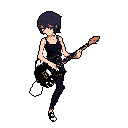This pixel art image features a stylish, punk-inspired guitarist rocking out on her electric guitar against a stark black background. The dynamic pose and muted color palette create a cool, edgy vibe reminiscent of retro video games.