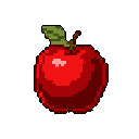 A pixelated red apple, rendered in classic 8-bit style, pops against a stark black background. The simple design and vibrant colors evoke a nostalgic, retro gaming feel.