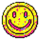 This pixel art features a vibrant, glitchy yellow smiley face with neon pink features, creating a playful yet chaotic retro-digital vibe. Scattered "sprinkle" pixels and sharp outlines add to the image's energetic and hyper-stylized cheerfulness.