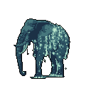 A pixelated elephant stands in quiet contemplation, its form adorned with shimmering, waterfall-like pixels creating an ethereal and beautiful effect. Set against a stark black background, the artwork evokes a sense of tranquility and wonder.