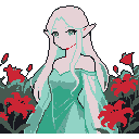 This pixel art portrait features a serene, pale-skinned elf with flowing teal hair, adorned in an elegant gown amidst a mystical garden of striking red lilies that emerge from the darkness. The image evokes a sense of ethereal beauty and melancholic mystery, contrasting the elf's delicate features with the vibrant flora.