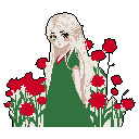 A solitary, light-haired girl in a green dress stands thoughtfully in a field of vibrant red flowers. Her gentle gaze and subtle blush create a serene and wistful atmosphere.