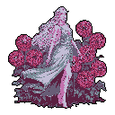 A pixel art statue of a woman stands serenely amidst vibrant pink flowers, her flowing drapery and thoughtful pose evoking a sense of timeless beauty and delicate mystery. The limited palette of pinks and purples against a stark black backdrop creates a dreamy, gothic atmosphere.