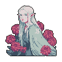 This pixel art features an ethereal elf woman with a melancholic gaze, framed by dark pink blooms. Her serene posture and muted colors evoke quiet elegance and mythical beauty.