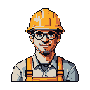 This pixel art portrait features a friendly-looking construction worker or engineer, complete with a bright yellow hard hat and orange overalls. His dark-rimmed glasses and neatly trimmed beard add to his approachable, yet professional, demeanor.