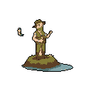 A lone, bearded frontiersman stands on a small island, gazing forward with a staff in hand, possibly preparing to fish. The pixel art's earthy tones and simple style evoke a sense of solitude and retro adventure.