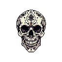 This pixel art image features a highly detailed skull, adorned with intricate patterns reminiscent of a sugar skull, floating in stark isolation. The somber color palette and gothic vibe evoke themes of mortality in a retro-game aesthetic.