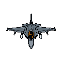 A pixel art image features a stealthy gray fighter jet with a striking orange-lit cockpit against a stark black background. The minimalist design evokes a sense of power and advanced technology, reminiscent of classic arcade games.