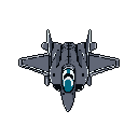 This pixel art image showcases a top-down view of a stylized fighter jet, ready for action with its teal cockpit standing out against the gray and black palette. Reminiscent of classic arcade games, the jet's simple design and stark contrast create a clean and iconic representation.