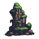 A lush, overgrown rock formation, rendered in detailed pixel art, rises as a solitary monument against a stark black backdrop. Its ancient, weathered surface is softened by vibrant foliage and delicate blossoms, creating a tranquil and majestic scene.