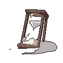 This pixel art image features a shattered hourglass, its broken glass and dwindling sand evoking a sense of disrupted time and melancholic decay. The weathered frame and dark background amplify the feeling of isolation and finality.
