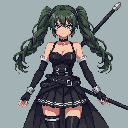 This pixel art portrait features a gothic-inspired female character with dark green pigtails and a sophisticated black outfit, including fingerless gloves and a tiered skirt. She holds a staff behind her back, completing her elegant and slightly mysterious fantasy aesthetic.