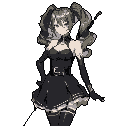This pixel art bust features a gothic Lolita-inspired character with twin pigtails, posed with elegant confidence against a stark black backdrop. The limited palette of desaturated greys and browns creates a sophisticated and slightly mysterious mood. She holds a thin staff, adding to her air of quiet dignity.