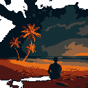 A lone, silhouetted figure sits on a pixelated tropical beach, gazing out at the ocean under a dramatic twilight sky. Illuminated palm trees add a warm glow to the serene and contemplative scene.