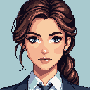 This pixel art headshot features a confident and composed woman in a professional suit and tie. Her serene expression and direct gaze make for an elegant and engaging portrait.