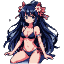 This pixel art features a seated anime girl with flowing blue hair, accented by pink and white flowers, gazing forward with a calm expression. She wears a dark blue bikini and a light blue armband, creating a cute and polished aesthetic.