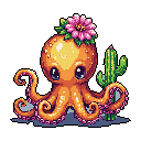 A cheerful pixel art octopus with a bright pink flower sits peacefully next to a saguaro cactus, its expressive eyes and gentle smile radiating warmth against a stark black background. The vibrant color palette and whimsical style create a cute and inviting scene.