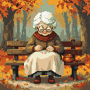 This pixel art image captures a serene moment as an elderly woman sits on a park bench amidst a vibrant autumn forest. She's peacefully engaged in knitting, her gentle smile reflecting the warmth and tranquility of the fall season.