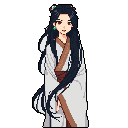 This pixel art portrait features a young woman with flowing dark hair, her gentle expression inviting the viewer into her world. The minimalist design and warm color palette evoke a sense of calm elegance and fantasy.