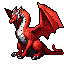 A powerful red dragon, rendered in striking pixel art, sits poised and alert against a stark black background. With wings extended and a noble gaze, the creature exudes strength and mythological presence.