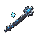 This pixel art showcases a detailed, dark staff adorned with luminous blue crystals, evoking a sense of fantasy and power. A glowing crystal shard hovers near its intricate, spiky head, further emphasizing the staff's magical aura.