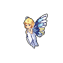 This pixel art features a wistful fairy or sprite, hands clasped in a gentle pose. Her bright yellow hair and patterned blue wings stand out against a soft palette, creating a delicate and ethereal feel.