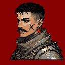 This pixel art portrait features a rugged warrior with an intense gaze, distinctive facial markings, and a vibrant red earring. His high-necked armor and confident posture suggest a stoic and potentially dangerous character.