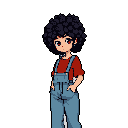 This pixel art image features a young person in denim overalls, gazing directly at the viewer with a neutral expression. Their relaxed posture and dark red eyes create an introspective and slightly nostalgic vibe against the black background.